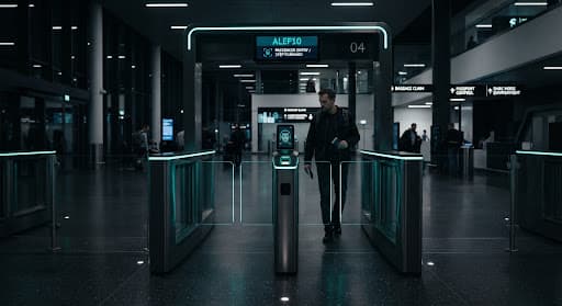 A traveller walking through an automated passenger gate