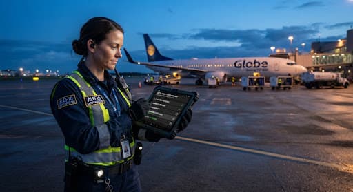 A ramp officer with a tablet on the apron beside an aircraft at dusk