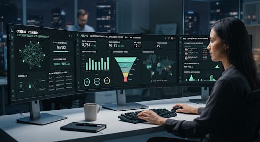 An operator at three screens of identity and compliance dashboards