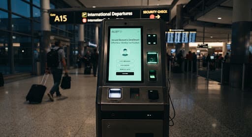 A biometric enrolment kiosk in an airport departures hall